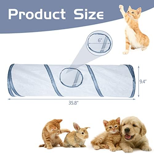Sheldamy Cat Tunnel, 2-Way Cat Tunnels for Indoor Cats, Collapsible Cat Play Tunnel, Interactive Toy Maze Cat House with 1 Play Ball for Cats, Puppy, Kitty, Kitten, Rabbit (White & Grey)