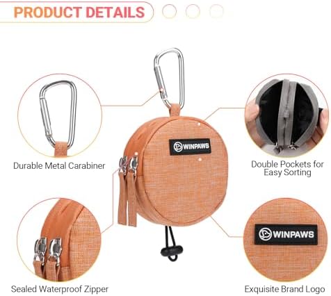 Dog Poop Bag Holder for Leashes- Dog Treat Pouch with Waterproof Zipper,Puppy Training Small Bag with Carabiner & Bungee Toggle,Two Pockets for Dry or Wet Treats-Pet Travel Walking Essentials (Orange)