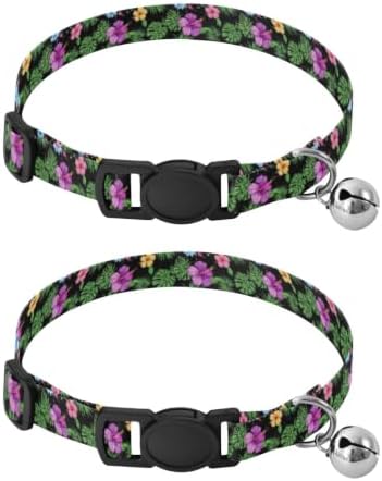 Colorful Hibiscus Flowers Tropical Adjustable Pet Collar, 2 Pack Cat Bell Collar