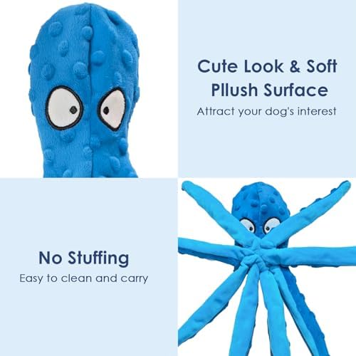 4 Pack Squeaky Dog Toys - Octopus Plush Dog Toys for Aggressive Chewers, No Stuffing, Crinkle, Durable Interactive, 4 Colors