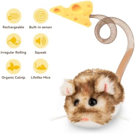 Migipaws Interactive MigiMouse Cat Toy 360° Rolling & Spin with Mesh Plastic Tail for Indoor Cats Smart Motion Sensor, Realistic Squeak, Rechargeable Plush Kitten Toy(Brown Long)