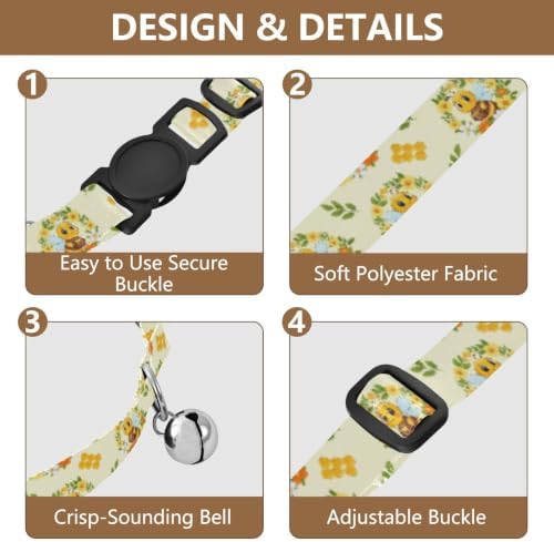 Cute Cartoon Bees Honey Cat Collar with Bell 2 Pack Kitten Collar Adjustable 10.6 to 17.1 Inches