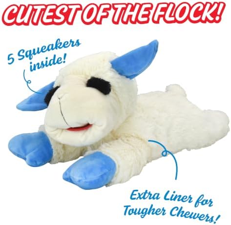 Multipet Lamb Chop Dog Plush Toy - Squeaky Toy for All Dogs - Durable Oxford Lining - Stuffed Animal for Cuddling & Playing - Jumbo (24", Blue Paws)