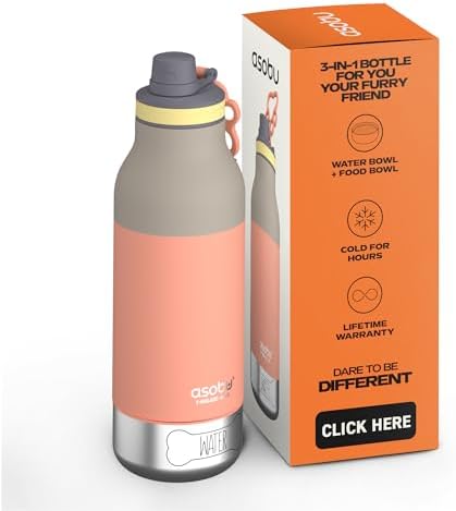 asobu Buddy Bottle a Stainless Steel Insulated Water Bottle for with Removable Dog Water Bowl and Dog Food and Treat Storage Bowl (Pastel Peach, 34 Oz)