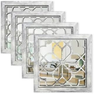Set of 4 14 Inch Square Grey Window Pane Wall Mirrors, Shatterproof Rustic Farmhouse Boho Vintage Decorative Mirrors for Living Room Bedroom Bathroom Entryway