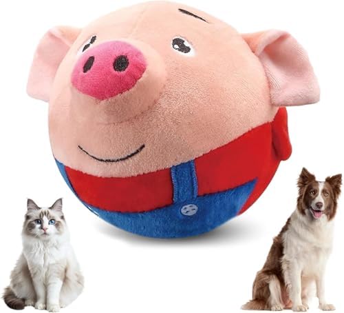 Active Moving Pet Plush Toy, 2026 Upgrade Squeaky Moving Dog Ball Toy Interactive Puppy Toys, Rechargeable Cartoon Plush Bounce Talking Toys to Keep Them Busy (Red Pig)