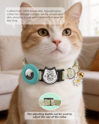 Cute Floral Breakaway Cat Collar with QR Code ID, Lightweight Cotton Safety Collar with Bell & AirTag Holder for Kittens and Cats,Pastoral Style with airtag Holder(Green)