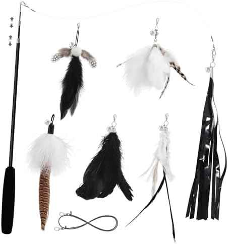 SONGWAY Cat Wand Toys for Indoor Cats - Cat Toy Set with Retractable Teaser Wand and 6 PCS Feather Toy Refills, Dragonfly Tassel Cat Toys Interactive, Black