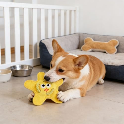 Andiker Squeaky Dog Toys, Cute Star Shape Dog Chew Toys with Squeaker Crinkle Paper Strong Ropes Bright Color Interactive Dog Toys for Puppy Small Medium Dogs Chewing Grinding Teeth (Yellow)