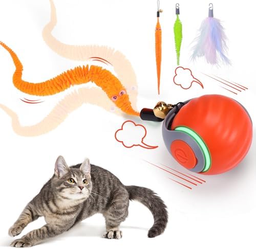 BABORUI Interactive Cat Toy Ball - Automatic Interactive Cat Toys for Indoor Cats with 3 Tails, 2 Speeds Rechargeable Enrichment Toys for Small/Medium/Large to Keep Them Busy (Orange)