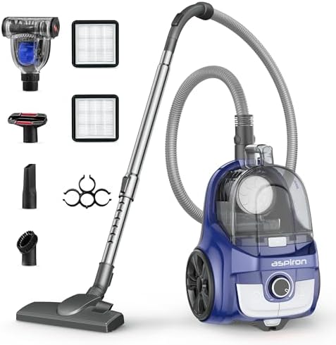Aspiron Canister Vacuum, Upgraded 1600W Bagless Canister Vacuum Cleaner | Auto Cord Rewind, H13 HEPA Filter, 4Qt Large Capacity, 5 Tools for Hard Floors, Carpet, Pet, Upholstery, Tiles, Navy