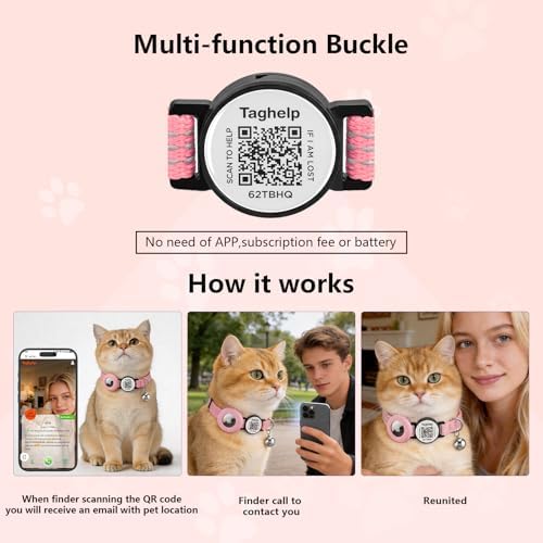 Reflective Kitten Collar Breakaway Apple Air Tag Cat Collar, GPS Cat Collar with AirTag Holder and Bell, Lightweight Tracker Collars for Girl Boy Cats Puppies (Pink)