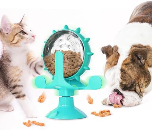 Cat Slow Feeder Toy, Interactive Windmill Design Puzzle Feeder with Suction Cup for Cats and Small Dogs BPA Free Plastic Blue