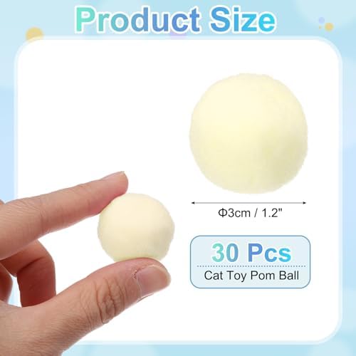 Cat Toy Pom Ball, Interactive Cat Ball Toys Fuzzy Pompoms (Plush, 1.2Inch, 30Pcs, Creamy Yellow) for Kittens Pet Enrichment Training Play Indoor