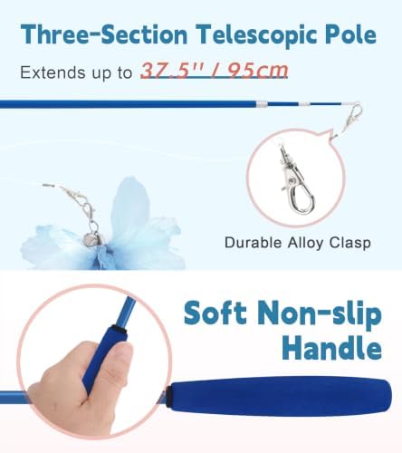 SONGWAY Interactive Cat Wand Toy Set - Retractable Cat Teaser Wand with 8 PCS Cat Toy Attachments, Dragonfly Butterfly Bird Mouse Tassel Feather Cat Toy Refills for Indoor Cats Kittens, Blue