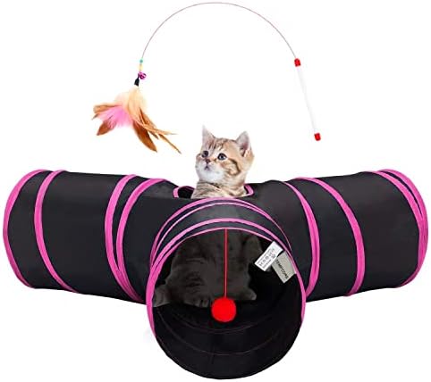 Tempcore Cat Tunnel, 3-Way Collapsible Toy for Indoor Cats, Black & Red