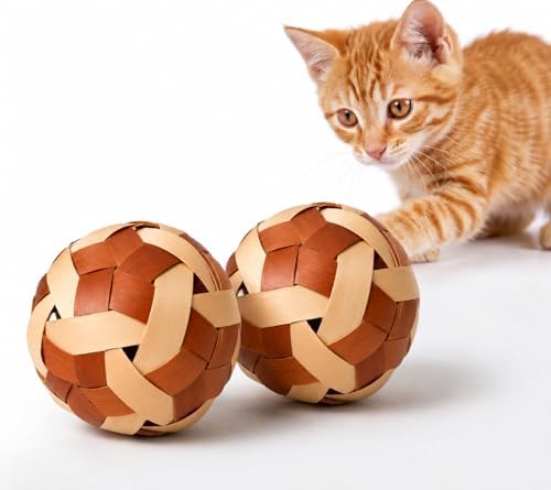 Handmade Bamboo Woven Cat Toy Balls with Bell, Natural Interactive Rolling Toy for Indoor Cats, Lightweight Eco-Friendly Pet Kitten Play Ball, Unique Gift, 3.15 Inches(8cm), 2-Pack