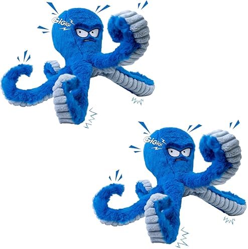 Large Dog Toys, Squeaky Dog Toy, Stuffed Crinkle Blue Octopus Toys 2 Pack | Tough Soft Fabric, Interactive Tug of War Puppy Chew Toys for Teething, Birthday Gift for Pet, Training Reward