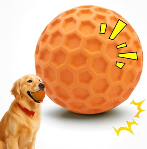 Durable Indestructible Squeaky Dog Ball for Aggressive Heavy Chewers, Unbreakable Tough Natural Rubber Dog Toy, Bouncy Interactive Ball for Medium & Large Dogs, Safe for Teeth & Gums (Orange)