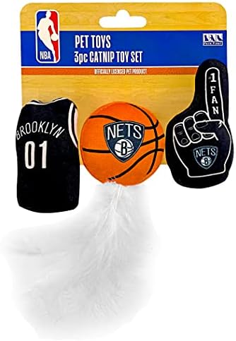 BEST PLUSH NBA BROOKLYN NETS Cat Toys - 3 Piece Set with Fresh Catnip: Jersey, Basketball with Feathers & #1 Fan. Beautiful Team Logo