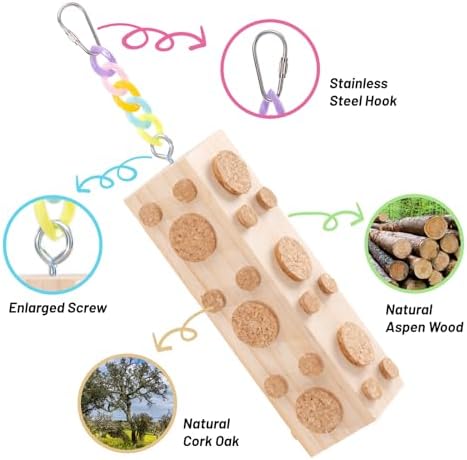 2 Pcs Wooden Bird Chew Toys - 7.9 Inch Hanging Parrot Toys, with 92 Detachable Corks, Relieve Boredom & Anxiety, Foraging Toys, for Parakeet, Cockatiel, Conure, Budgie, Lovebird