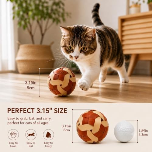 Handmade Bamboo Woven Cat Toy Balls with Bell, Natural Interactive Rolling Toy for Indoor Cats, Lightweight Eco-Friendly Pet Kitten Play Ball, Unique Gift, 3.15 Inches(8cm), 2-Pack