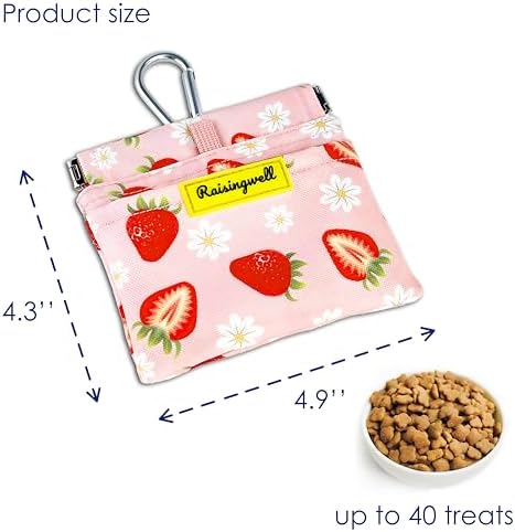 Dog Treat Pouch,Cotton Pocket Sized Training Holder, Hand Free Walking Funny Bag with Carabiner, Self-Closing Pet Feed Snack Reward, Behavior Aids for Puppy Travel or Outdoor Use（Strawberry）