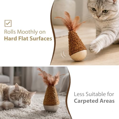 Wooden Wobble Cat Toy for Indoor Kitten, Interactive Tumbler Cat Toy for Small Medium Cats (Brown)