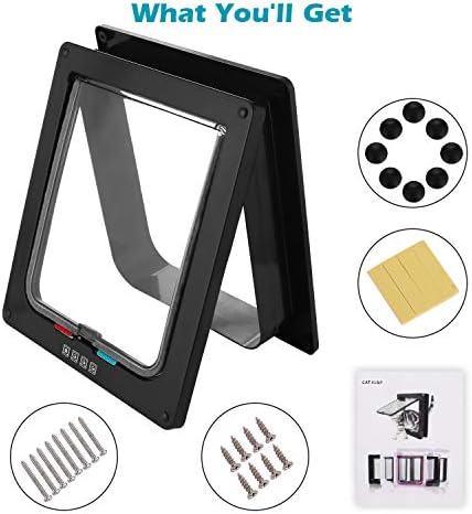 Sailnovo Cat Door Flap X-Large(Outer Size 9.64" x 11.22"), 4-Way Locking Cat Flap for Interior Exterior Doors,Quiet, ABS Material, Weatherproof Pet Door for Cat/Doggie (Weight<27.54lb) Black