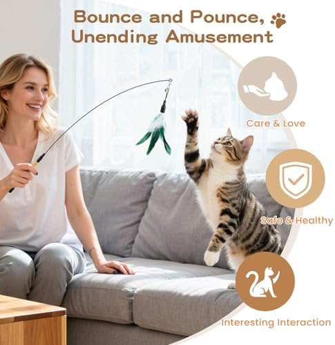 Pawaboo Cat Feather Wand Interactive Toy, 6 Feathers + 1 Wand with Bell