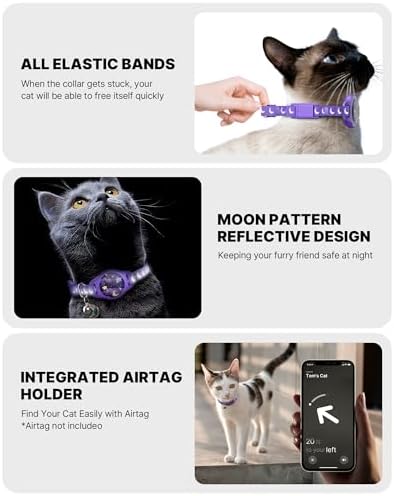 typecase Reflective Breakaway Cat Collar with AirTag Holder, Purple & White | Purple Reflective Breakaway Cat Collar With Bell And Silicone AirTag Holder; Adjustable 8-12 In; AirTag Not Included