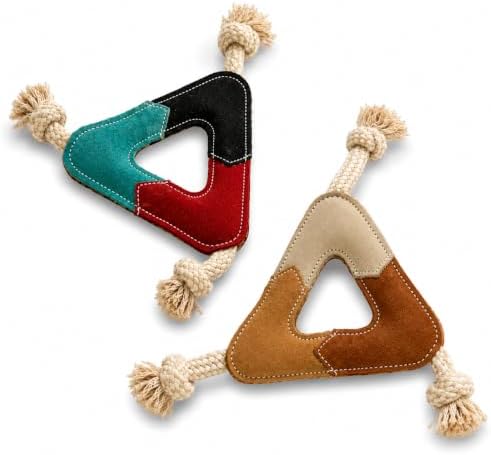Triangle Shape Natural Suede Leather Dog Chew Toy with Strong Rope Knots, Interactive Tug and Play Toy for Medium to Large Dogs, Durable Daily Use (Pack of 2)