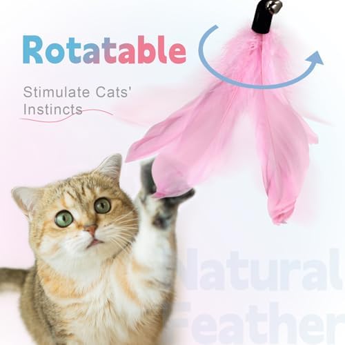 SONGWAY Cat Wand Toys for Indoor Cats - Cat Toy Set with Retractable Teaser Wand and 6 PCS Fairy Feather Toy Refills, Butterfly Tassel Plush Cat Toys Interactive, Pink