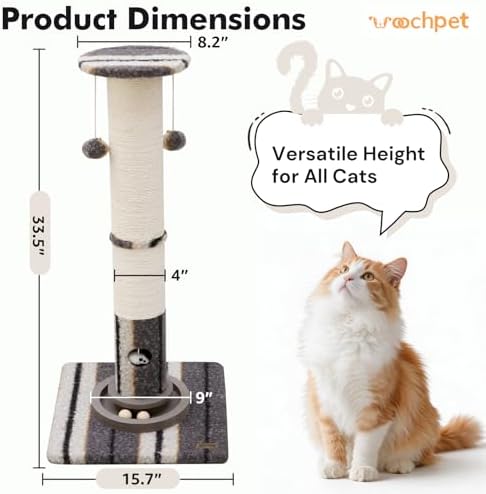 Woochpet Cat Scratching Post 34"Tall Grey Sisal Scratcher Tree With Cat Toy