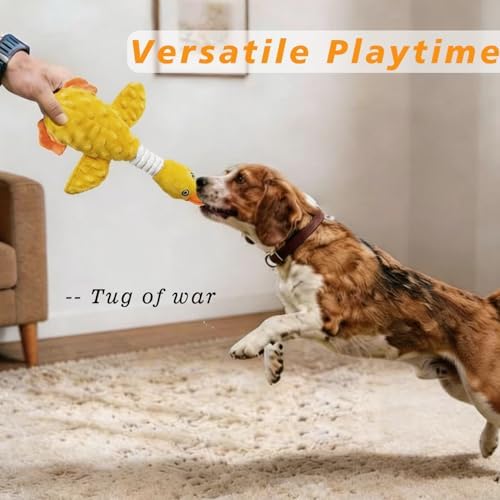 Squeaky Dog Toys for Aggressive Chewers, Durable Stuffed Animal Plush Dog Toy with Soft Fabric for Large, Medium & Small Dogs, Interactive Puppy Chew Toy for Teething, Crinkle Duck Dog Toy - Yellow