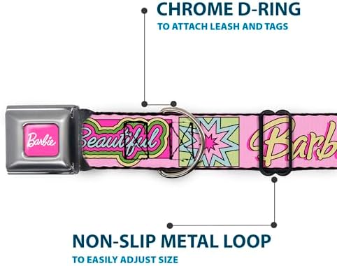 Mattel Pet Collar, Dog Collar Metal Seatbelt Buckle, Barbie Smart Beautiful Strong Icons Pink Multi Color, 15 to 24 Inches 1.0 Inch Wide