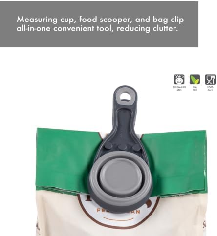 Dexas Popware for Pets Collapsible Klip Scoop, 3-in-1 Pet Food Scoop, Measuring Cup and Bag Clip, 1/2 Cup Capacity, Light Gray