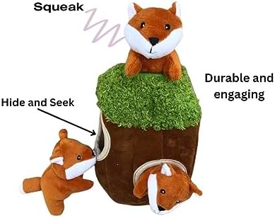 Glow Pups Hide and Seek Dog Toy, Plush Fox Inside Trunk, Squeaky Interactive Burrow Toy for Mental Stimulation, Durable & Engaging, Woodland Style, Small, 3 Animals