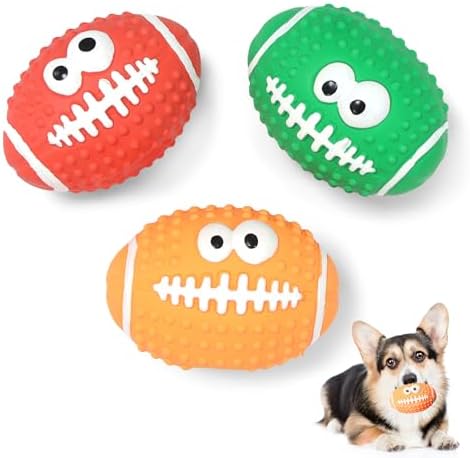 Squeaky Football Dog Toys, 3.6 inch Interactive Rubber Dog Training Balls, Squeaky Rugby Balls Chew Toys for Medium/Large Dogs