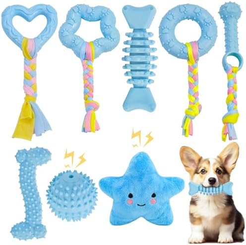 MRSOHRET Puppy Toys, 8 Pack Puppy Chew Toys for Teething, Cute Blue Small Dog Toys Set, Teething Toys for Puppies, Soft Durable Interactive Chew Toy for Small Dogs