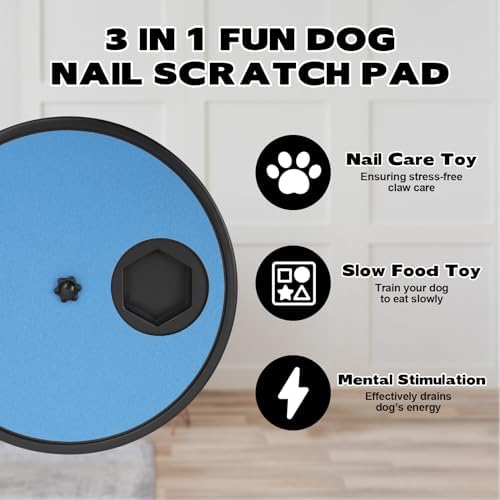 Rislobx Dog Nail Scratch Board, 3 in 1 Rotatable Round Dog Scratch Board with Food Storage Compartment Box Nail Grinder Claw Care, Stress-Free Pad (Blue)