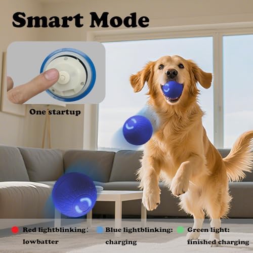 Interactive Duraspin Dog Ball, Self-Bouncing Vibrating & Auto-Rolling, Auto Stop Touch Start Jumping Ball Toy for Medium/Large Dogs (67mm, Blue)