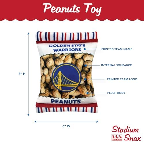 Pets First NBA Golden State Warriors Crinkle FINE Plush Dog & CAT Squeak Toy - Cutest Stadium Peanuts Snack Plush Toy for Dogs & Cats with Inner Squeaker & Beautiful Basketball Team Name/Logo