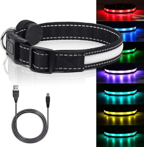 Light Up Dog Collars,Safety LED Dog Collars USB Rechargeable 7 Changing Colors Glow in The Dark Dog Walking Light,Neon Adjustable Safety Buckle Lighted Dog Collar for Small/Medium/Large Dogs, XL Size