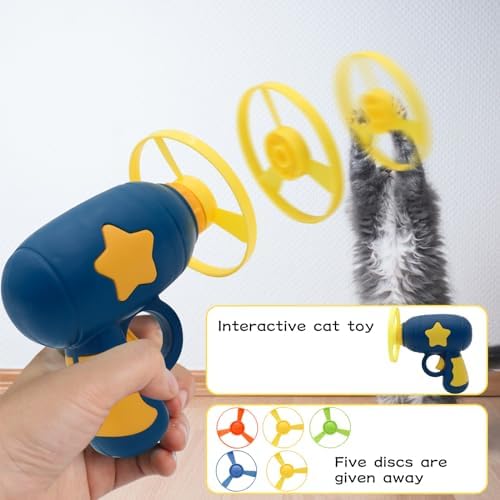 Andiker Cat Fetch Toy, Interactive Kitten Flying Disc Launcher Toy with 5 Colorful Flying Propellers for Cat Enrichment, Flying Saucer Toy for Cats for Training and Chasing (Navy Blue)