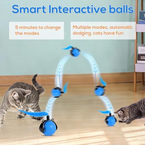 Smart Interactive Cat Toys for Indoor,Automatic Rolling Pet Ball,Teasing Hunting Toy for Kitten,3 Stimulating Modes,USB Recharge and Mouse Tail Toy 2 Tails Bule