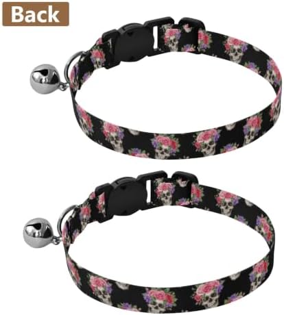 Skulls Red Roses Bell Collar for Small Dogs 2 Pack Kitten Collars Adjustable 10.6 to 17.1 Inches