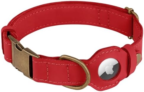 AirTag Dog Collar - Genuine Leather Dog Collar with Apple AirTag Holder and Metal Buckle - Smart GPS Tracking Pet Collars (Red, L, 17"-21" Neck Fit)