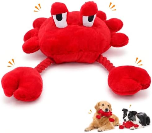Squeaky Dog Plush Chew Toy, Interactive Tug Squeaky Toy for Chewers, Medium & Large Dogs & Fetch Play, 18.1 Inch Stuffed Crab Toy with Rope Twisted Claws for Gentle Gum Care & Boredom Relief, Red