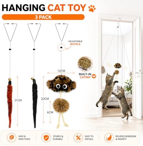 Cat Toys for Indoor Cats,Interactive Door Hanging Cat Toys Attached with Catnip/Feathers/Birds/Worm Toys for Cats/Kitten Toys(3 Pack)